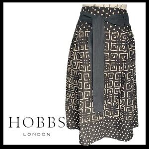 Hobbs London Black/Tan Geo Print Flax Linen A-Line Belt Below Knee Skirt (12)